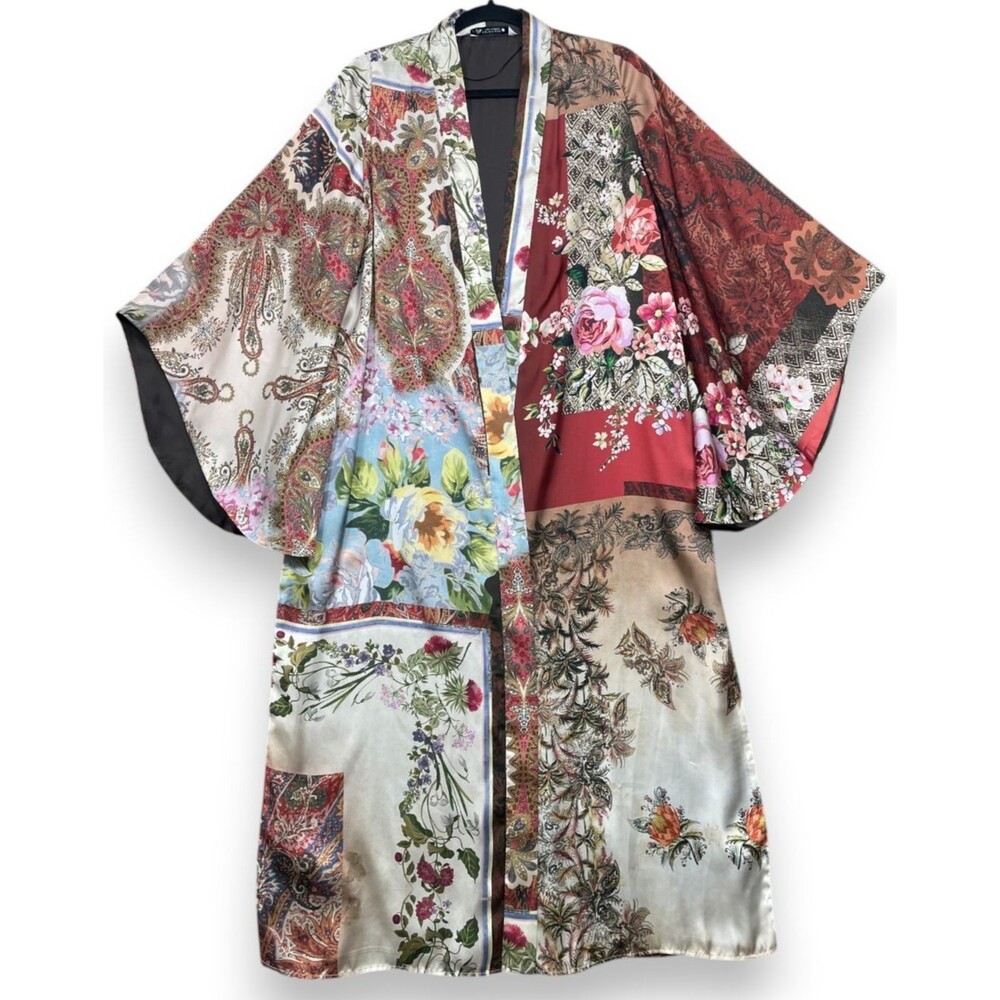 Zara Patchwork Printed Kimono Robe Womens M Multicolor Duster Floral Boho Long